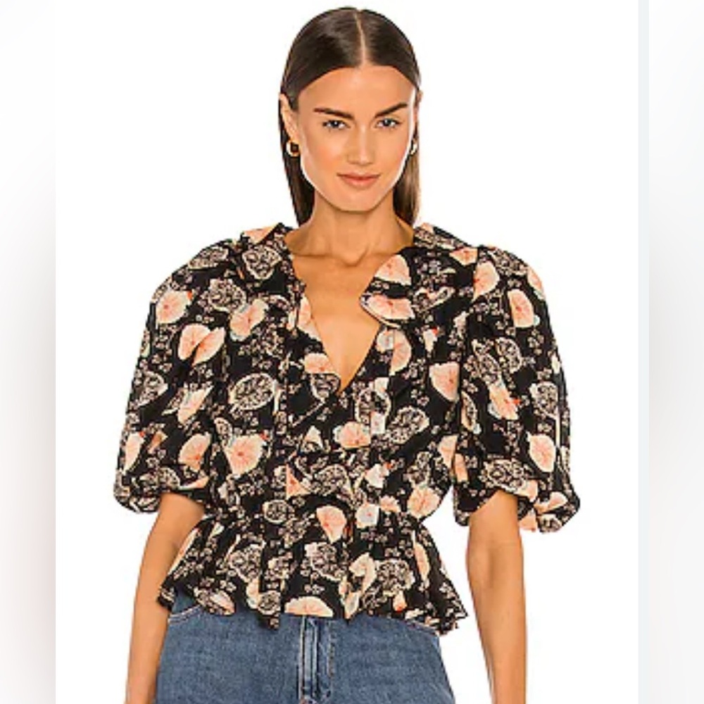 Ulla Johnson nadya black floral cotton puff sleeve top